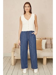 Yumi Blue Relaxed Fit Chambray Wide Leg 100% Cotton Trousers - Image 1 of 4