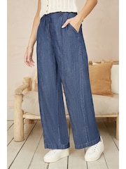 Yumi Blue Relaxed Fit Chambray Wide Leg 100% Cotton Trousers - Image 2 of 4