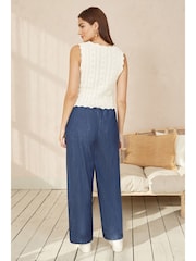 Yumi Blue Relaxed Fit Chambray Wide Leg 100% Cotton Trousers - Image 3 of 4