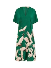 Yumi Green Fabric Crane Print Kimono Midi Dress - Image 5 of 5