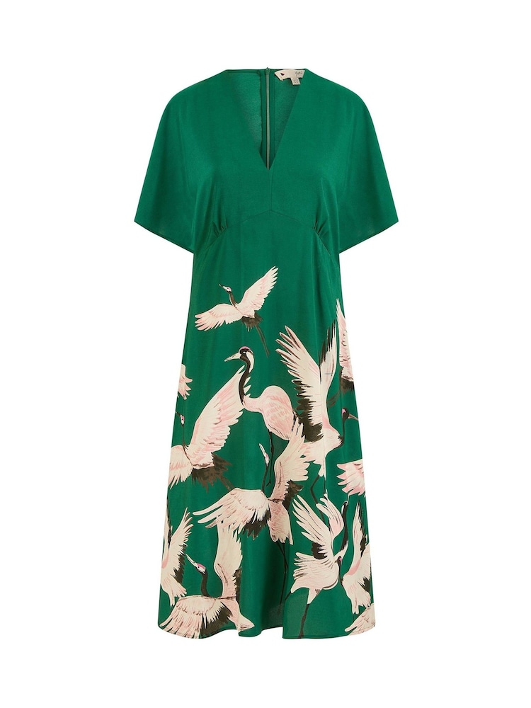 Yumi Green Fabric Crane Print Kimono Midi Dress - Image 5 of 5