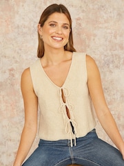 Yumi Natural Knitted Tie Detail Knitted 100% Cotton Waistcoat - Image 1 of 4