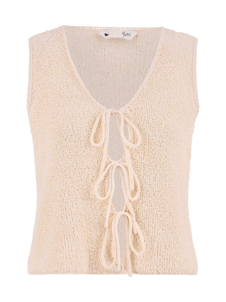 Yumi Natural Knitted Tie Detail Knitted 100% Cotton Waistcoat - Image 4 of 4