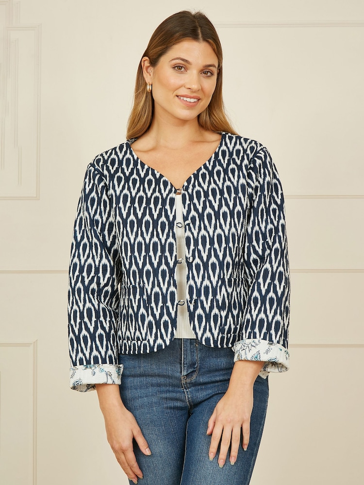 Yumi Blue Ikat Reversible Quilted 100% Cotton Jacket - Image 1 of 5
