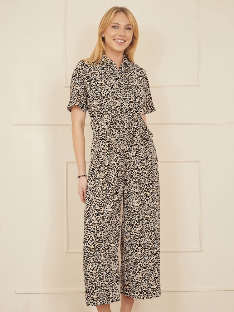 Yumi Brown Leopard Print Pleated Fabric Jumpsuit - Image 1 of 5