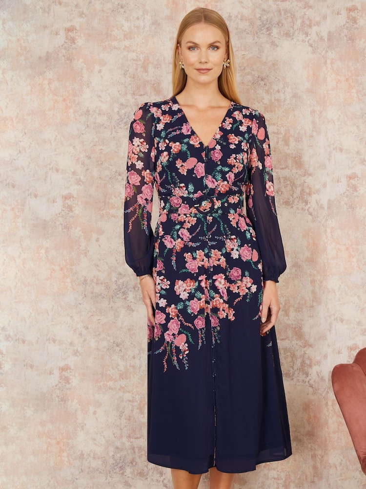 Yumi Blue Button Up Midi Dress With Floral Print Placement And Long Sleeves - Image 1 of 5