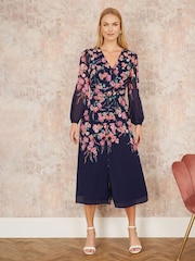Yumi Blue Button Up Midi Dress With Floral Print Placement And Long Sleeves - Image 2 of 5
