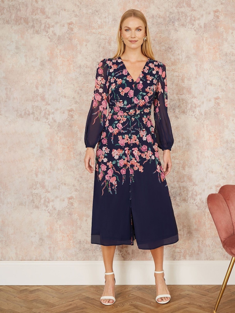 Yumi Blue Button Up Midi Dress With Floral Print Placement And Long Sleeves - Image 2 of 5