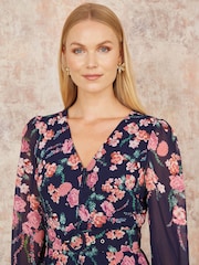 Yumi Blue Button Up Midi Dress With Floral Print Placement And Long Sleeves - Image 4 of 5