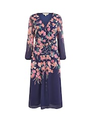Yumi Blue Button Up Midi Dress With Floral Print Placement And Long Sleeves - Image 5 of 5