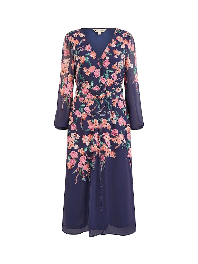 Yumi Blue Button Up Midi Dress With Floral Print Placement And Long Sleeves - Image 5 of 5