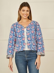 Yumi Blue Dark Animal Reversible Quilted 100% Cotton Jacket - Image 1 of 5