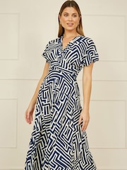 Yumi Blue Geometric Print Ruched Waist Midi Dress With Kimono Sleeves - Image 1 of 5