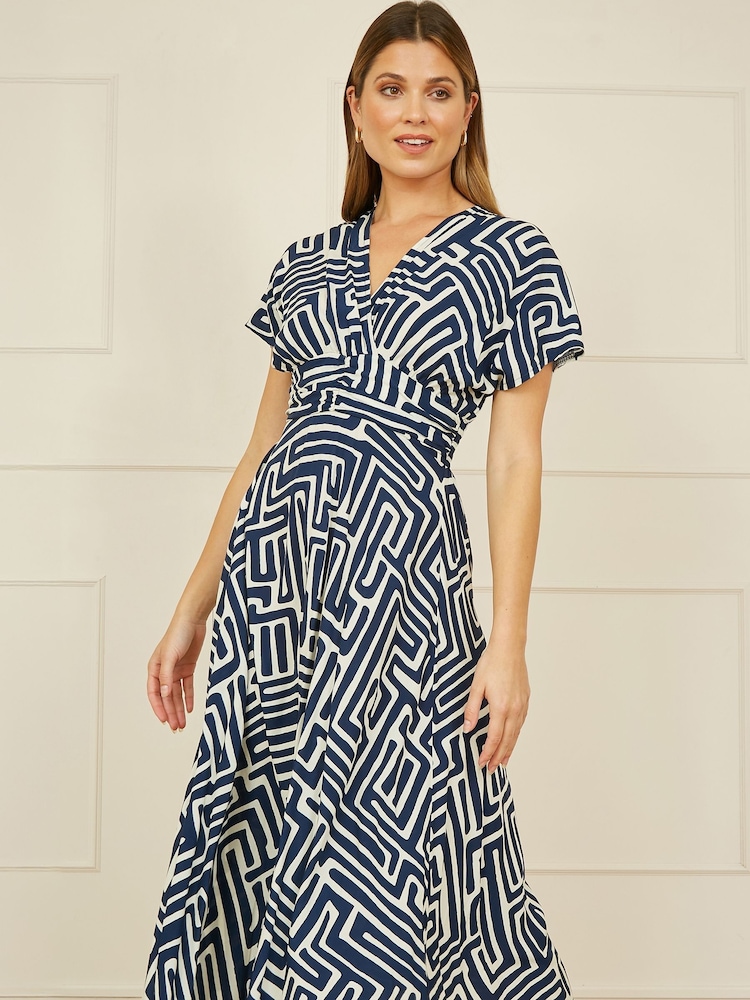 Yumi Blue Geometric Print Ruched Waist Midi Dress With Kimono Sleeves - Image 1 of 5