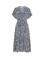 Yumi Blue Geometric Print Ruched Waist Midi Dress With Kimono Sleeves - Image 5 of 5