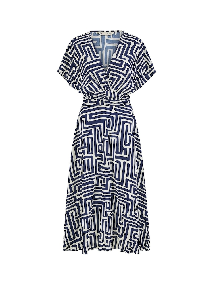 Yumi Blue Geometric Print Ruched Waist Midi Dress With Kimono Sleeves - Image 5 of 5