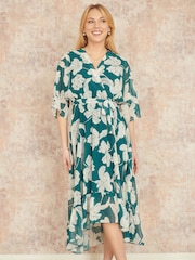 Yumi Green Kimono Sleeves Midi Dip Hem Wrap Midi Dress - Image 2 of 4