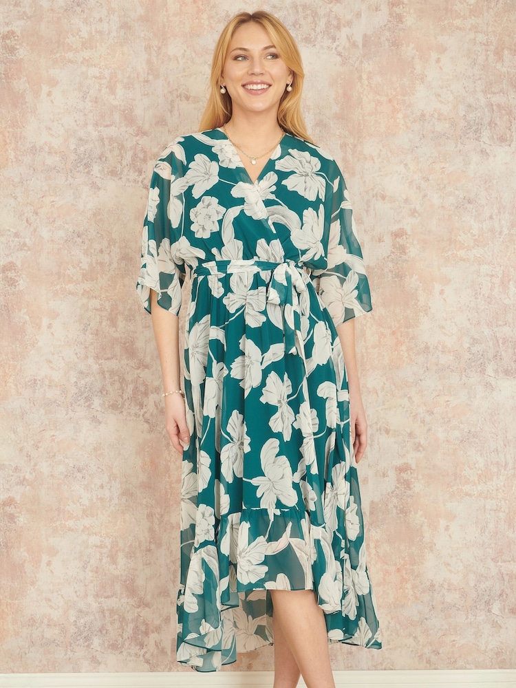 Yumi Green Kimono Sleeves Midi Dip Hem Wrap Midi Dress - Image 2 of 4