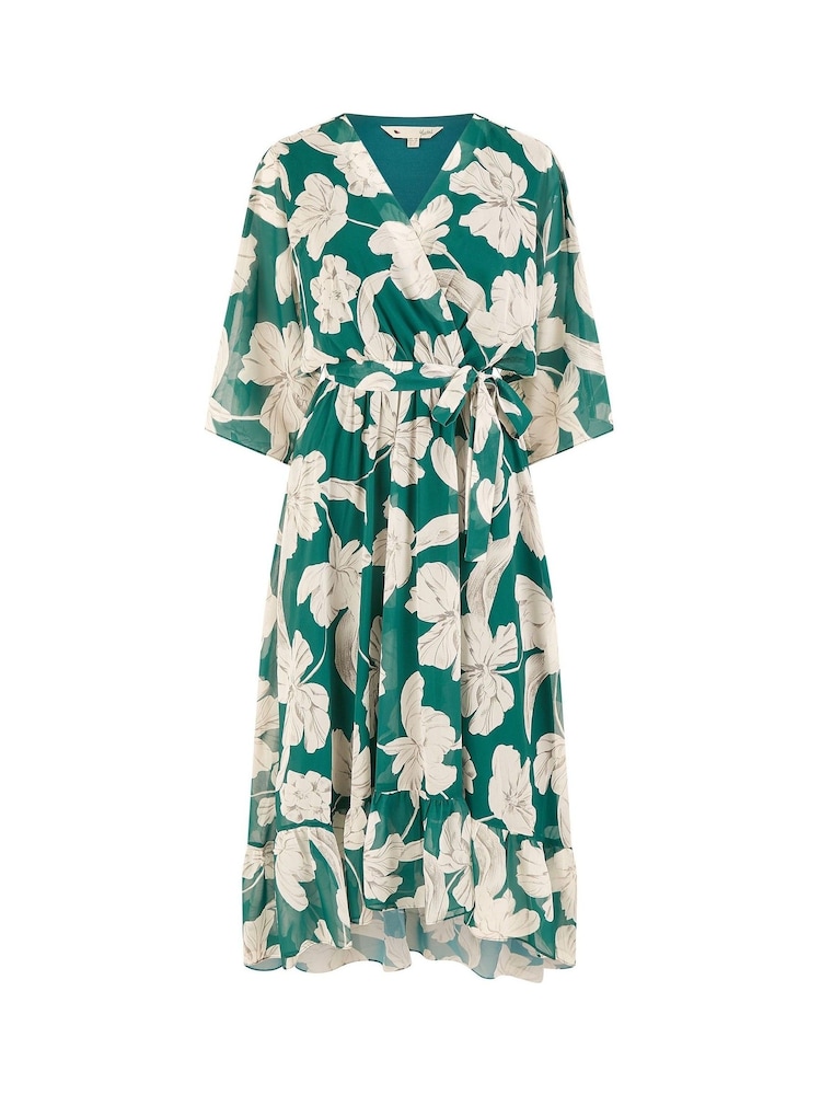 Yumi Green Kimono Sleeves Midi Dip Hem Wrap Midi Dress - Image 5 of 5 Yumi Green Kimono Sleeves Midi Dip Hem Wrap Midi Dress - Image 5 of 5