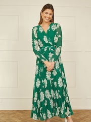 Yumi Green Floral Print Pleated Wrap Long Sleeve Dress - Image 1 of 5