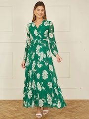 Yumi Green Floral Print Pleated Wrap Long Sleeve Dress - Image 2 of 5