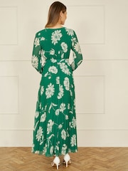 Yumi Green Floral Print Pleated Wrap Long Sleeve Dress - Image 3 of 5
