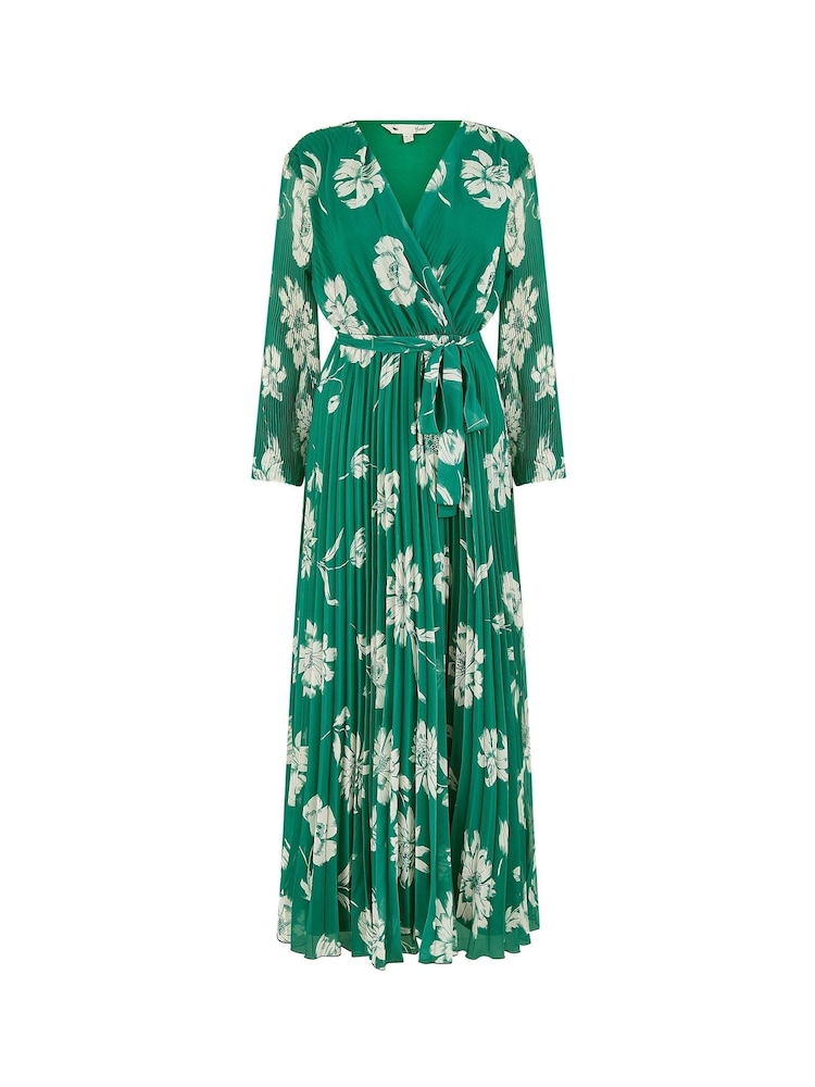 Yumi Green Floral Print Pleated Wrap Long Sleeve Dress - Image 5 of 5