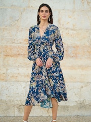 Yumi Blue Butterly Floral Tie Knot Front Long Sleeve Midi Dress - Image 1 of 5