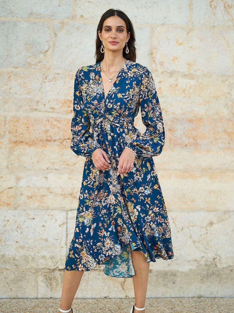 Yumi Blue Butterly Floral Tie Knot Front Long Sleeve Midi Dress - Image 1 of 5