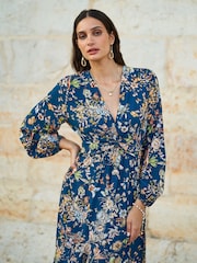 Yumi Blue Butterly Floral Tie Knot Front Long Sleeve Midi Dress - Image 2 of 5