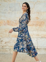 Yumi Blue Butterly Floral Tie Knot Front Long Sleeve Midi Dress - Image 3 of 5