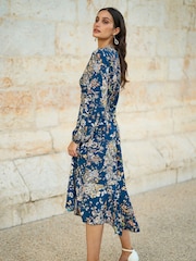 Yumi Blue Butterly Floral Tie Knot Front Long Sleeve Midi Dress - Image 4 of 5