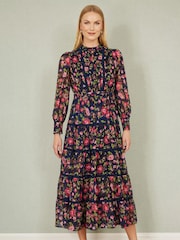 Yumi Blue Blossom Print Maxi Dress With Long Sleeves and Lace Trims - Image 1 of 5