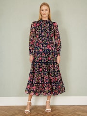 Yumi Blue Blossom Print Maxi Dress With Long Sleeves and Lace Trims - Image 2 of 5