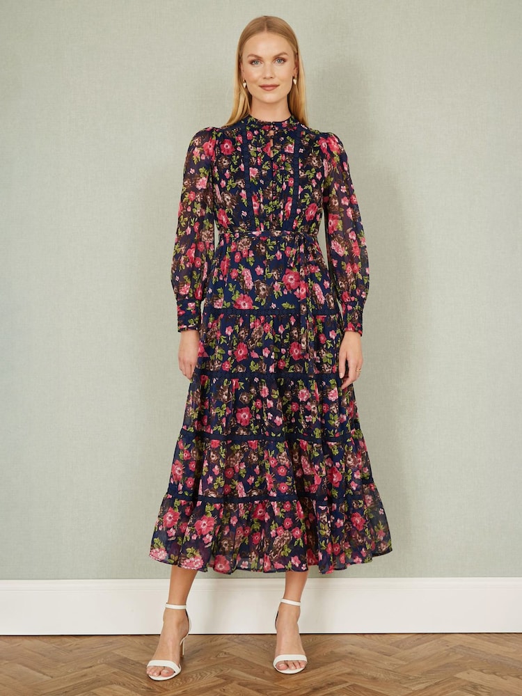 Yumi Blue Blossom Print Maxi Dress With Long Sleeves and Lace Trims - Image 2 of 5