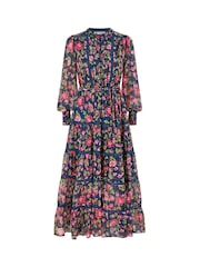 Yumi Blue Blossom Print Maxi Dress With Long Sleeves and Lace Trims - Image 5 of 5