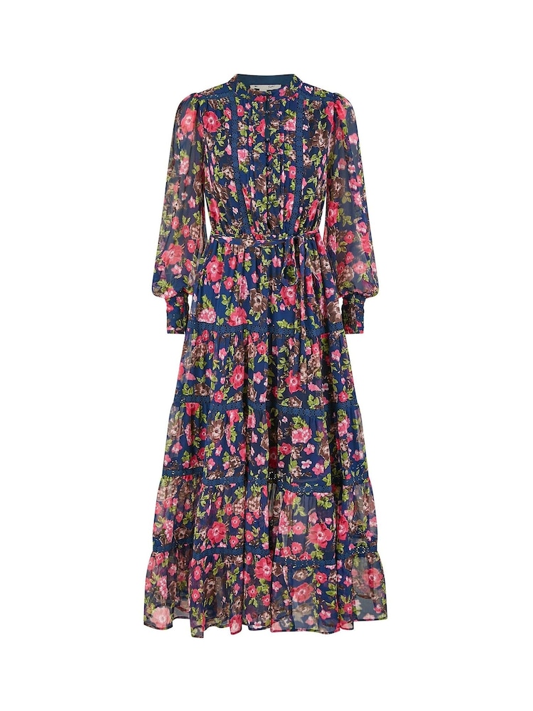 Yumi Blue Blossom Print Maxi Dress With Long Sleeves and Lace Trims - Image 5 of 5