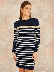 Yumi Blue Striped Knitted Dress With Button Cuff Detail - Image 1 of 4