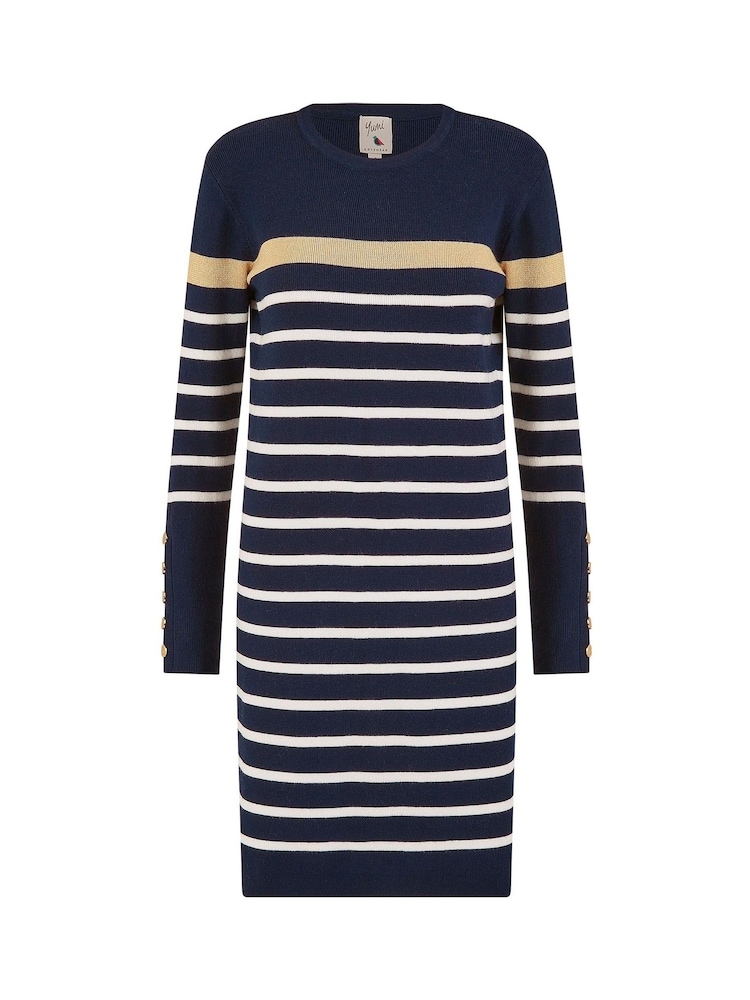 Yumi Blue Striped Knitted Dress With Button Cuff Detail - Image 4 of 4