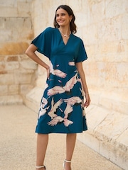 Yumi Blue Fabric Crane Print Kimono Midi Dress - Image 1 of 5