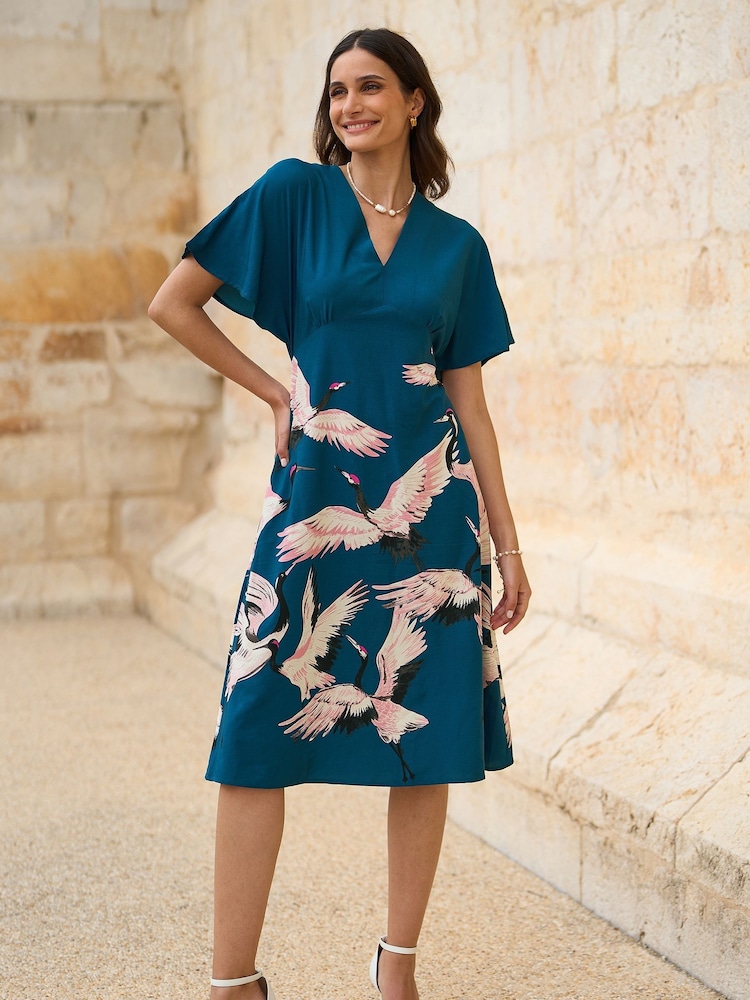 Yumi Blue Fabric Crane Print Kimono Midi Dress - Image 1 of 5