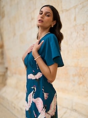 Yumi Blue Fabric Crane Print Kimono Midi Dress - Image 2 of 5