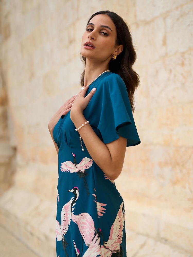 Yumi Blue Fabric Crane Print Kimono Midi Dress - Image 2 of 5