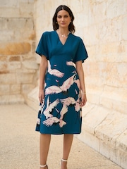 Yumi Blue Fabric Crane Print Kimono Midi Dress - Image 3 of 5