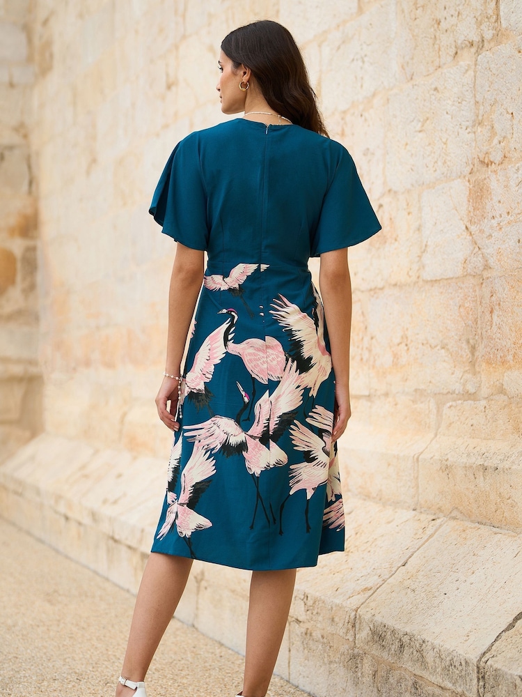 Albastru - Yumi Fabric Crane Print Kimono Midi Dress - Image 4 of 5