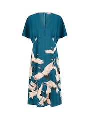 Yumi Blue Fabric Crane Print Kimono Midi Dress - Image 5 of 5