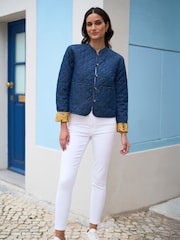 Yumi Blue Chambray Quilted 100% Cotton Jacket With Reversible Floral Print Lining - Image 1 of 5