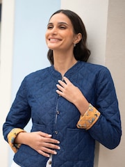 Yumi Blue Chambray Quilted 100% Cotton Jacket With Reversible Floral Print Lining - Image 2 of 5