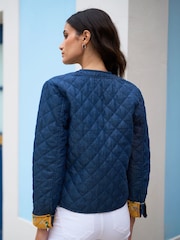 Yumi Blue Chambray Quilted 100% Cotton Jacket With Reversible Floral Print Lining - Image 3 of 5