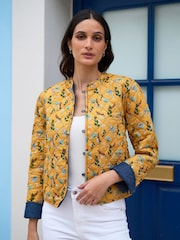 Yumi Blue Chambray Quilted 100% Cotton Jacket With Reversible Floral Print Lining - Image 4 of 5